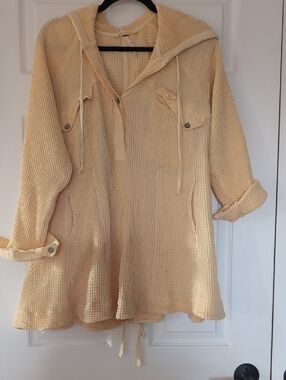 Free People Chill Mood Yellow Waffle-Knit Hooded Pullover